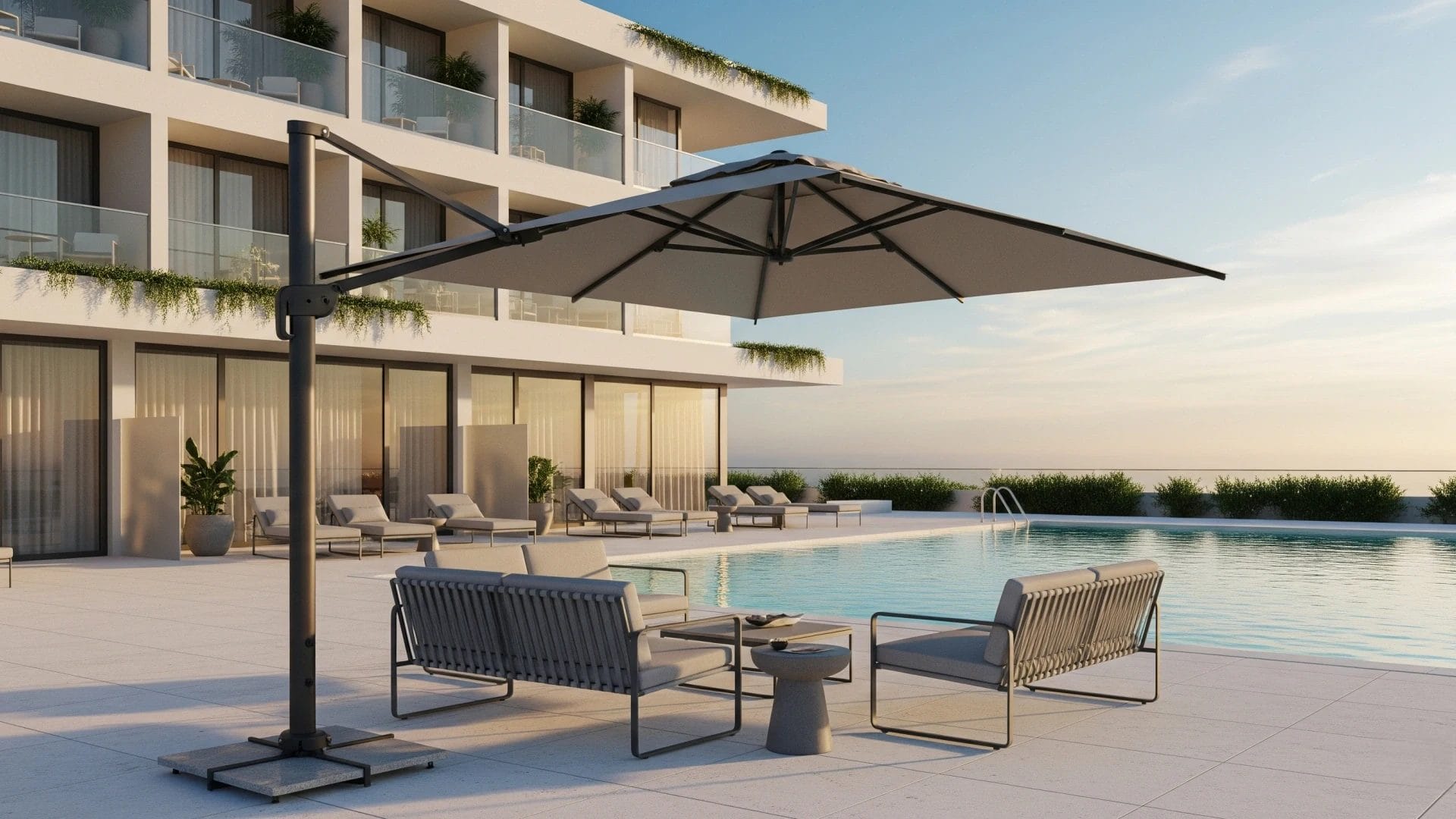 A modern cantilever hotel sun umbrella with a large canopy shading a luxury poolside area with sunbeds.