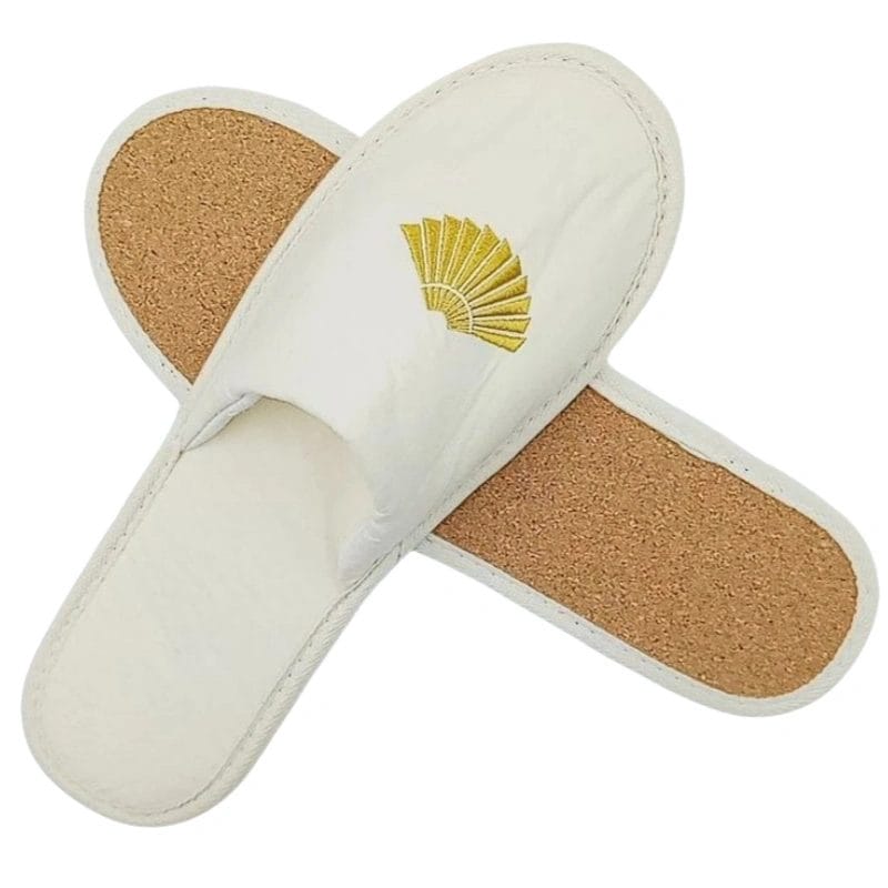 Organic cotton Eco Friendly Biodegradable Hotel Slippers with cork soles at Soneva Fushi Maldives villa.
