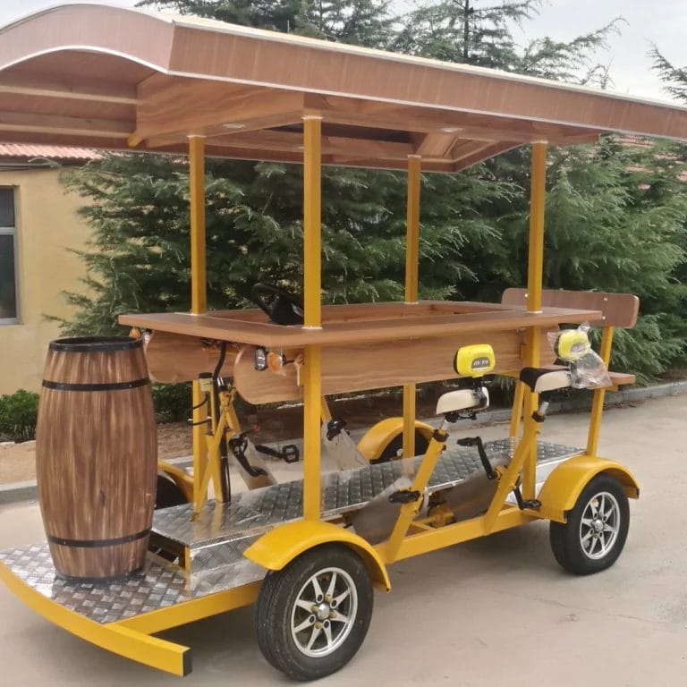 A full group enjoying a ride on the Party Bike Beer Bikes, showcasing all 13 seats and active pedaling.