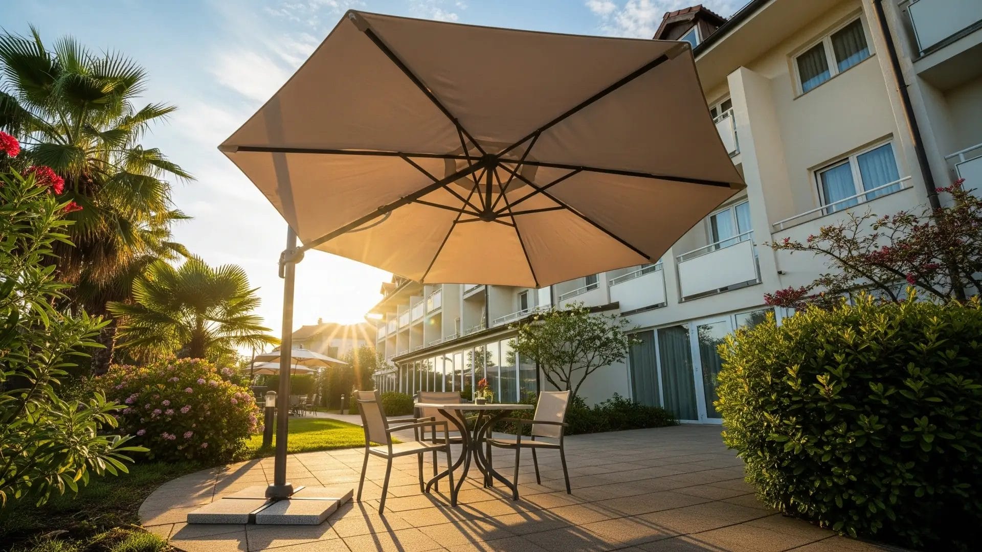 A large, sturdy heavy duty commercial beach umbrella on a resort beach, with guests relaxing beneath it.