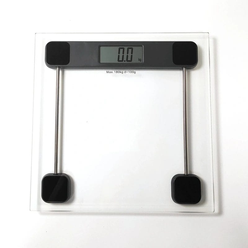 Complete package: Hotel bathroom scale with included AAA batteries and tape measure.