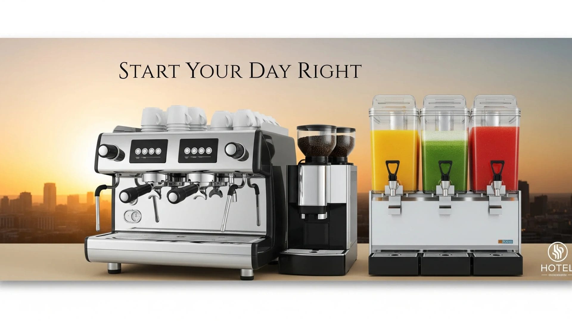A professional barista using a traditional, multi-group espresso machine in a hotel café.