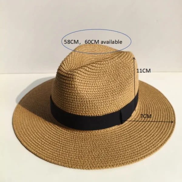 The elegant, classic fedora design of the Panama hat Straw Sun Hat with a pretty black ribbon, showcasing its stylish look.