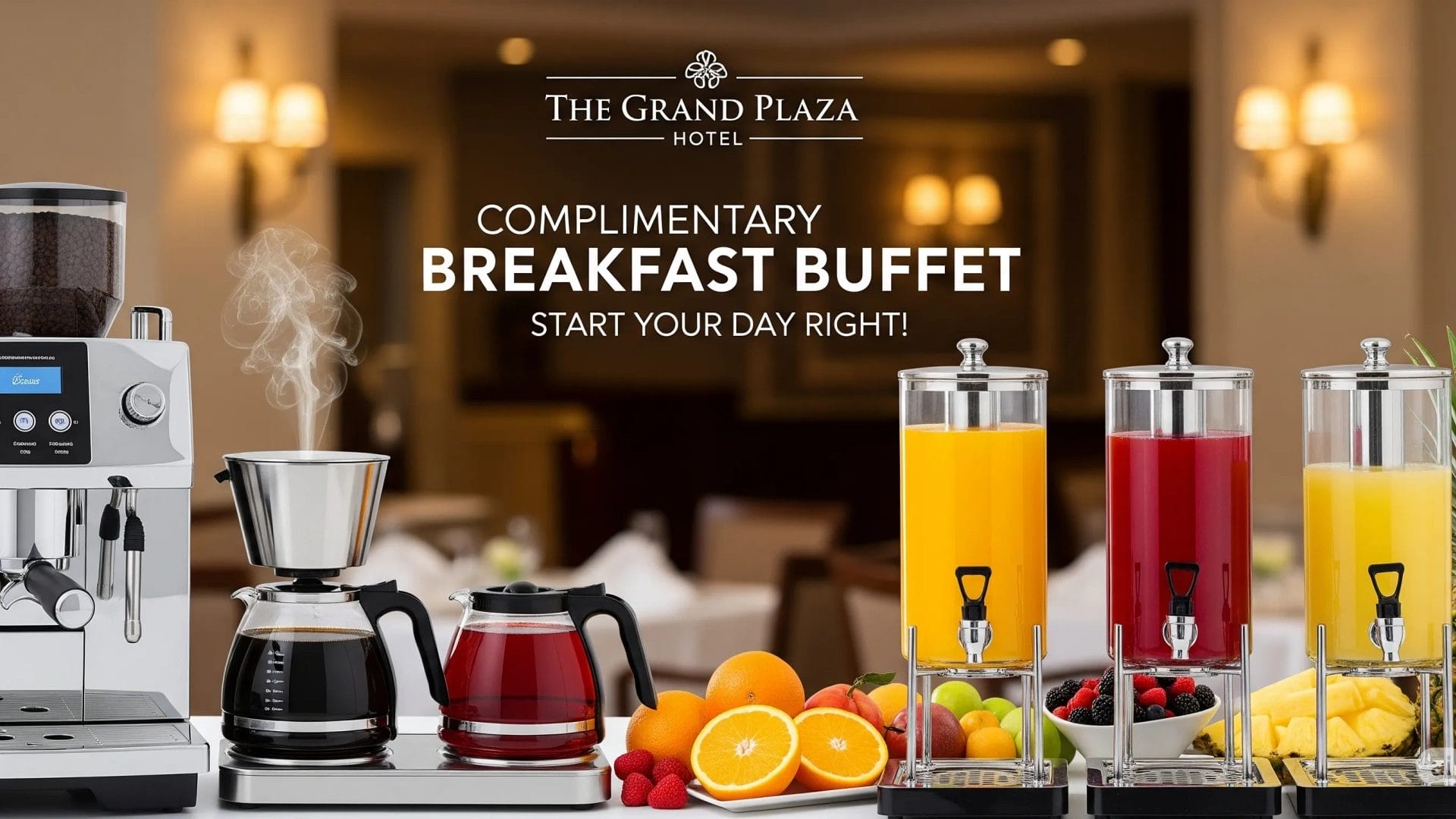 A stylish refrigerated commercial juice machine dispenser offering a variety of juices in a hotel restaurant.