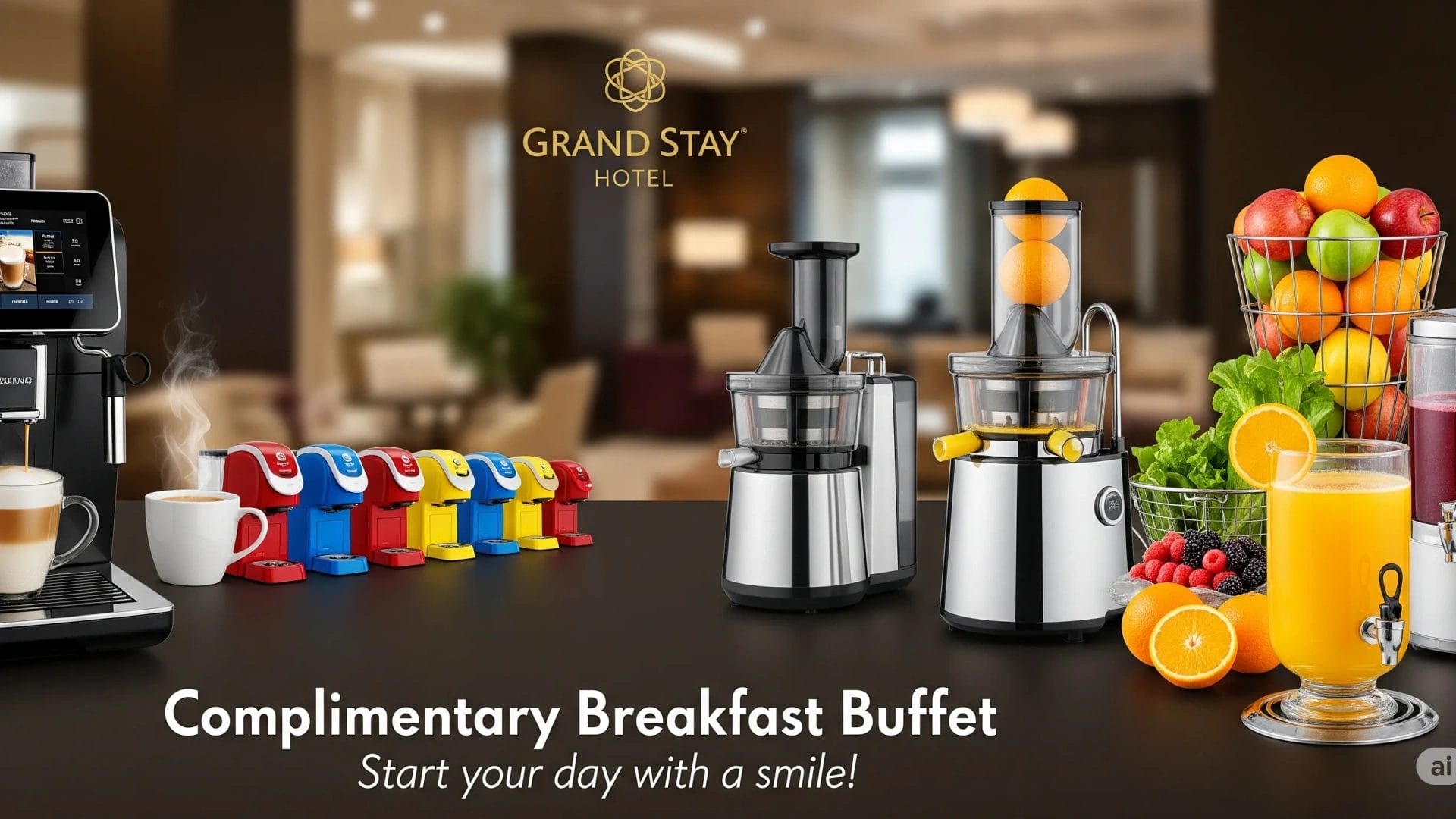 A close-up of a high-end coffee machine with a custom hotel logo and branding elements.