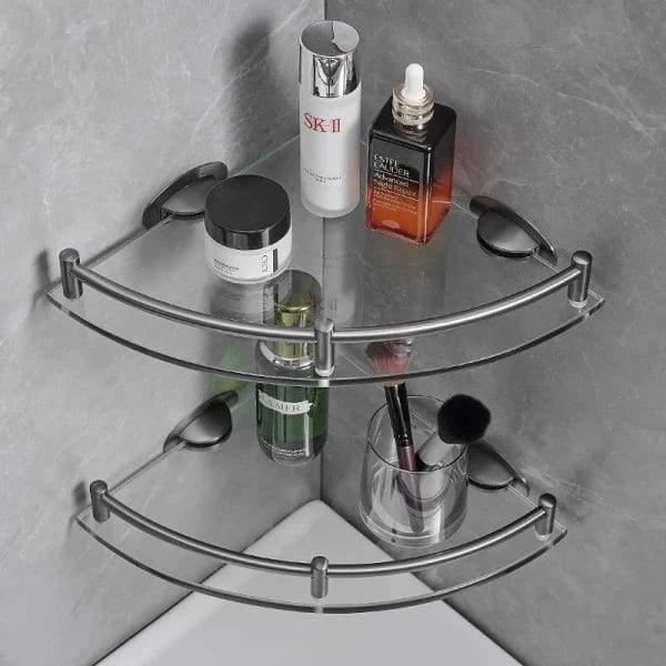 The double-layer design of the Shower Caddy Bathroom Shelf offering abundant storage space for shampoo and soap.