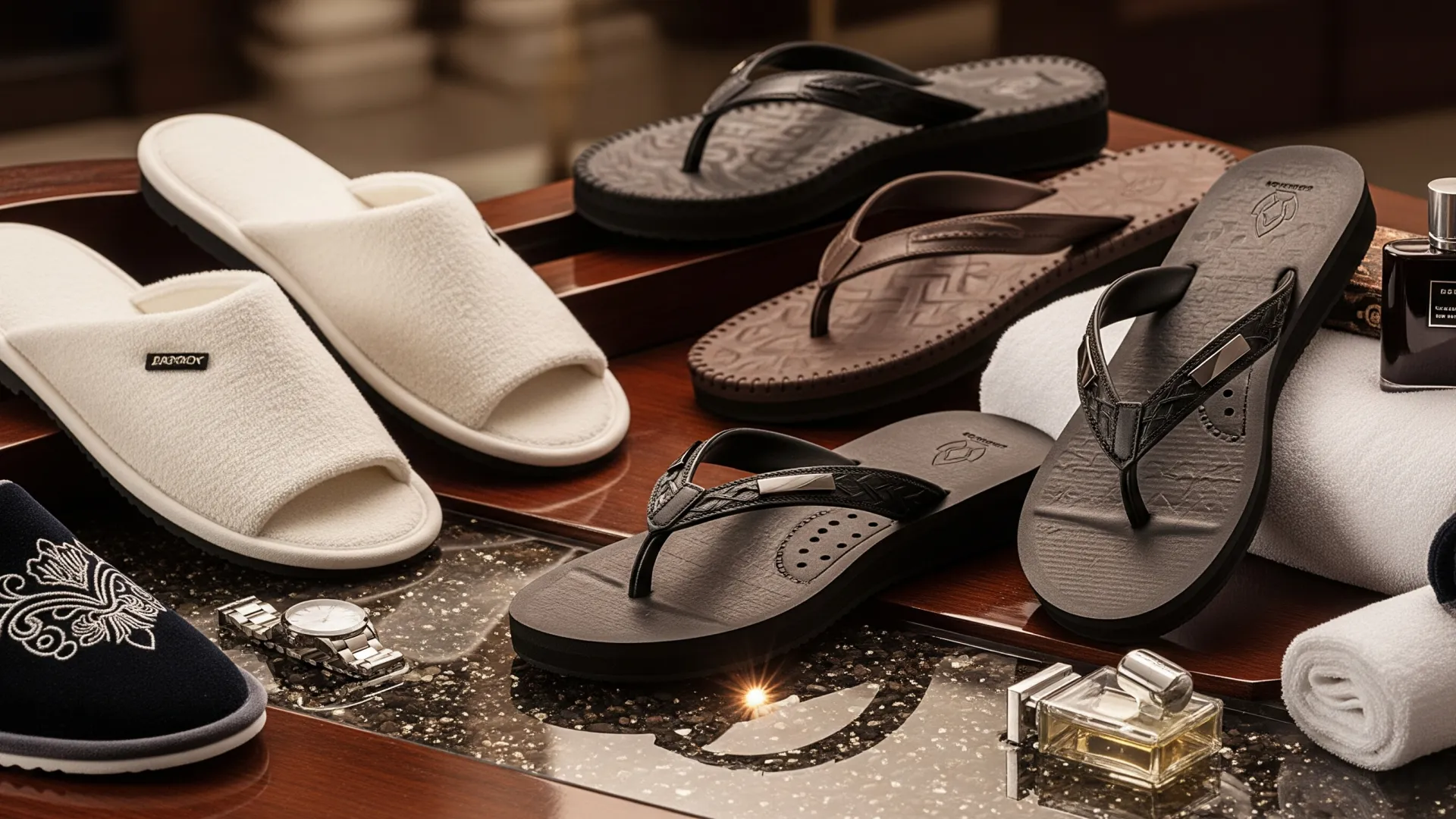A pair of durable, anti-slip EVA foam hotel men's flip flops placed by a swimming pool on a wet deck.