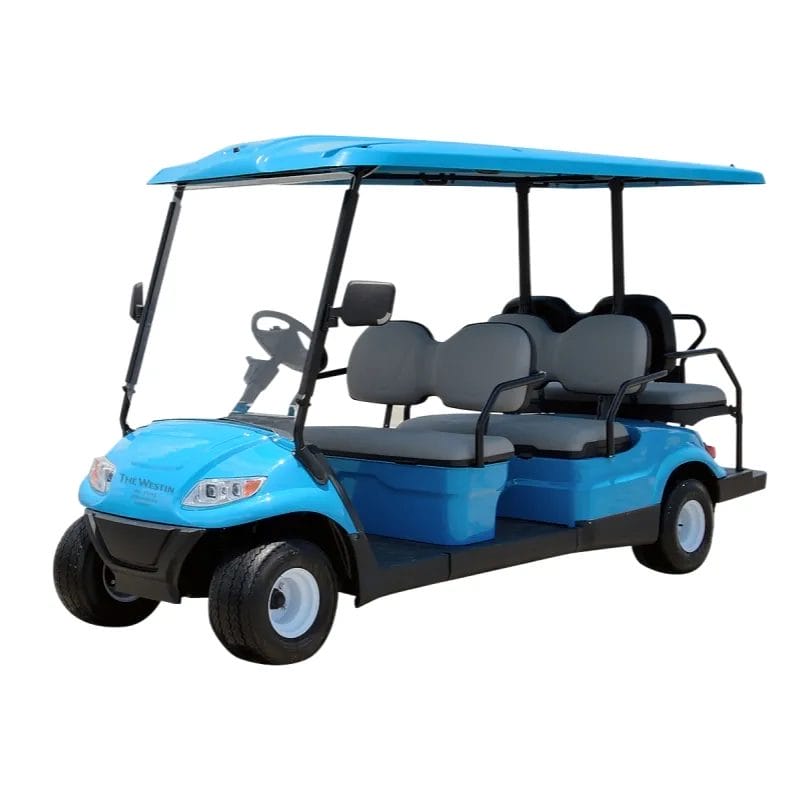 A low-angle look at the robust chassis of the Electric Golf Cart Club Buggy, emphasizing its durability and stable design.