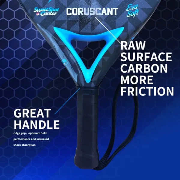 The hitting surface of a fiberglass paddle racket, emphasizing its durability and forgiveness for beginner and intermediate players.