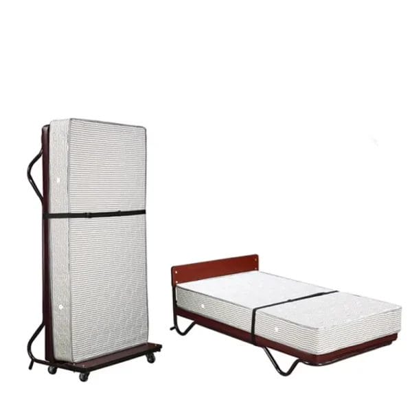 A detailed view of the durable, black powder-coated metal frame of the Rollaway Fold Bed extra bed.