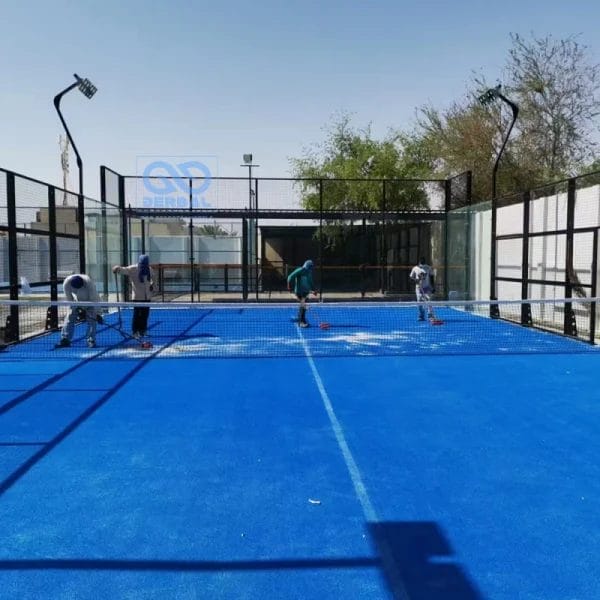 A close-up of the Q235 galvanized steel frame of a Padel Court, emphasizing its durability and rust protection.