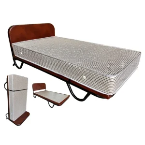 A side shot of the Rollaway Fold Bed extra bed showing its high-quality casters for easy and quiet transport.