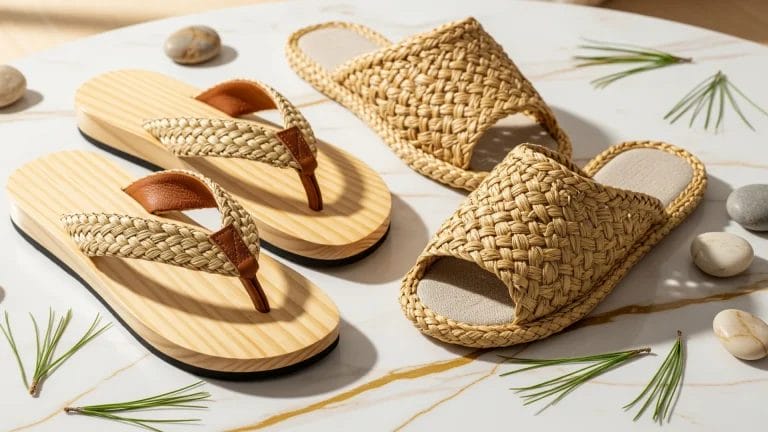 A pair of sustainable, eco-friendly bamboo hotel men's flip flops with a natural fiber texture.