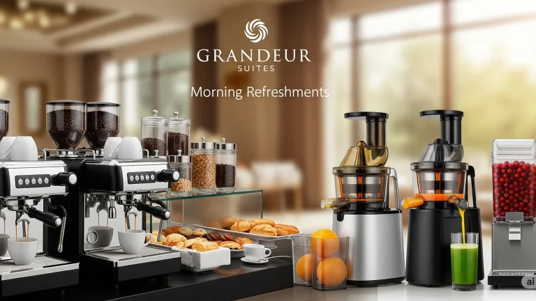 A high-end, fully automatic bean-to-cup hotel coffee machine in a modern hotel breakfast buffet area.