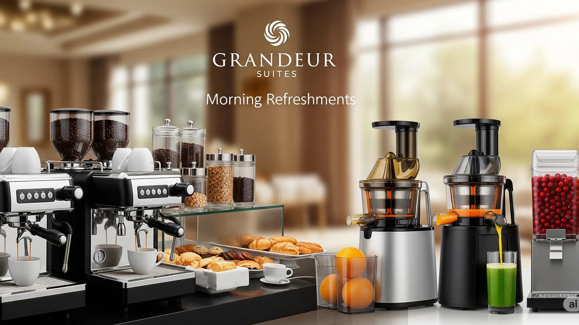 A high-end, fully automatic bean-to-cup hotel coffee machine in a modern hotel breakfast buffet area.