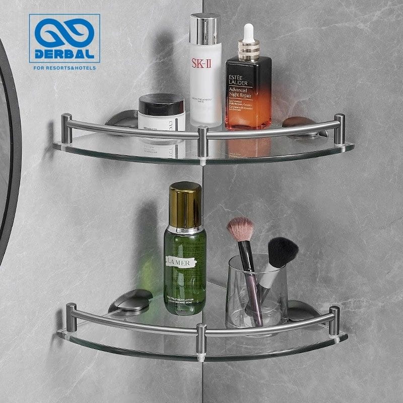 A side-angle view of the Shower Caddy Bathroom Shelf showing the elegant glass triangle rack design.