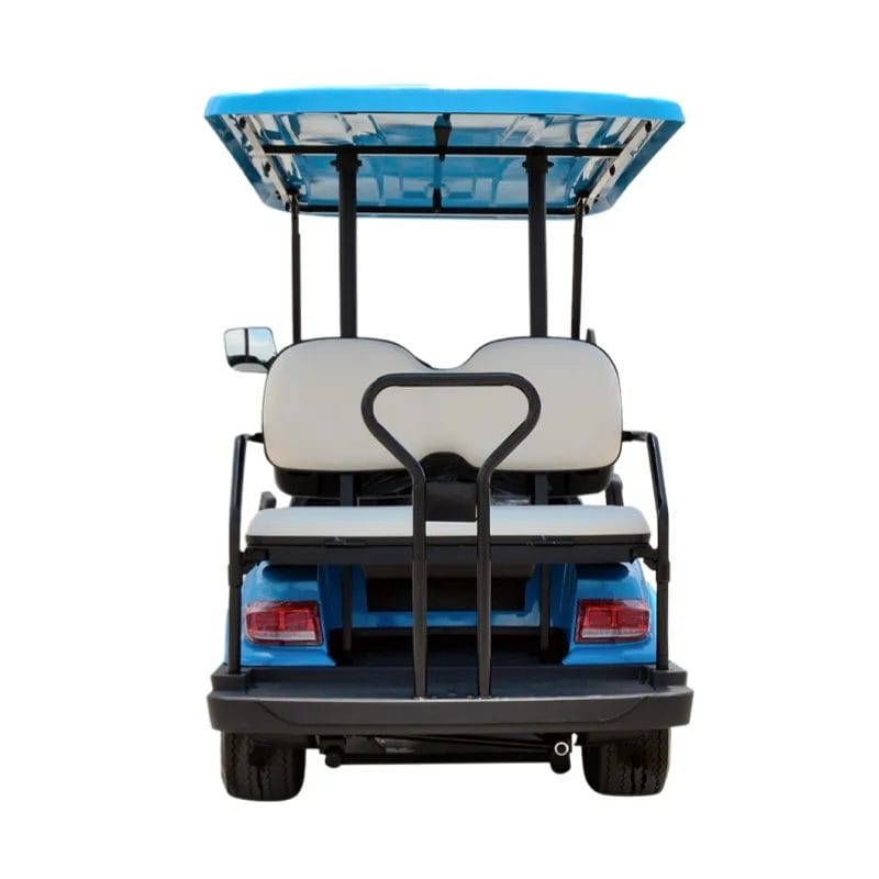 An Electric Golf Cart confidently climbing a steep incline on a golf course, showcasing its powerful motor and climbing ability.