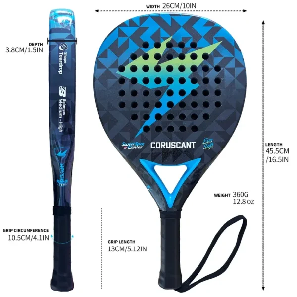 A close-up of a carbon fiber paddle racket, emphasizing its professional-grade material and high-performance design.