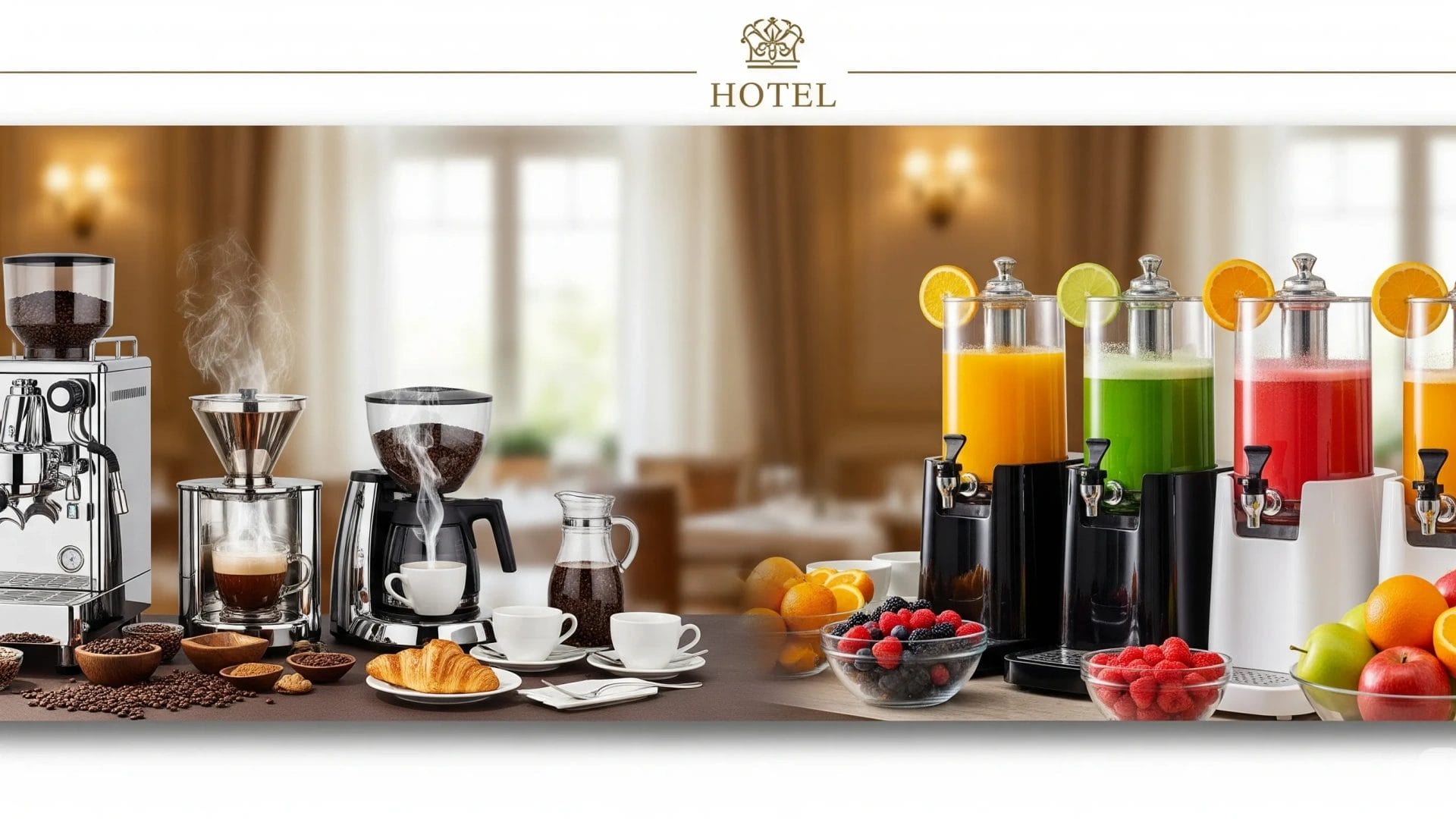 A set of durable bulk coffee brewers and insulated juice dispensers ready for a large hotel conference or event.