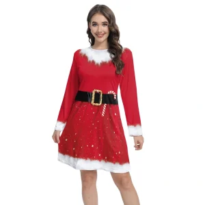 A hotel restaurant staff member wearing the Christmas Dress Festive Dress while serving guests in a festive setting.