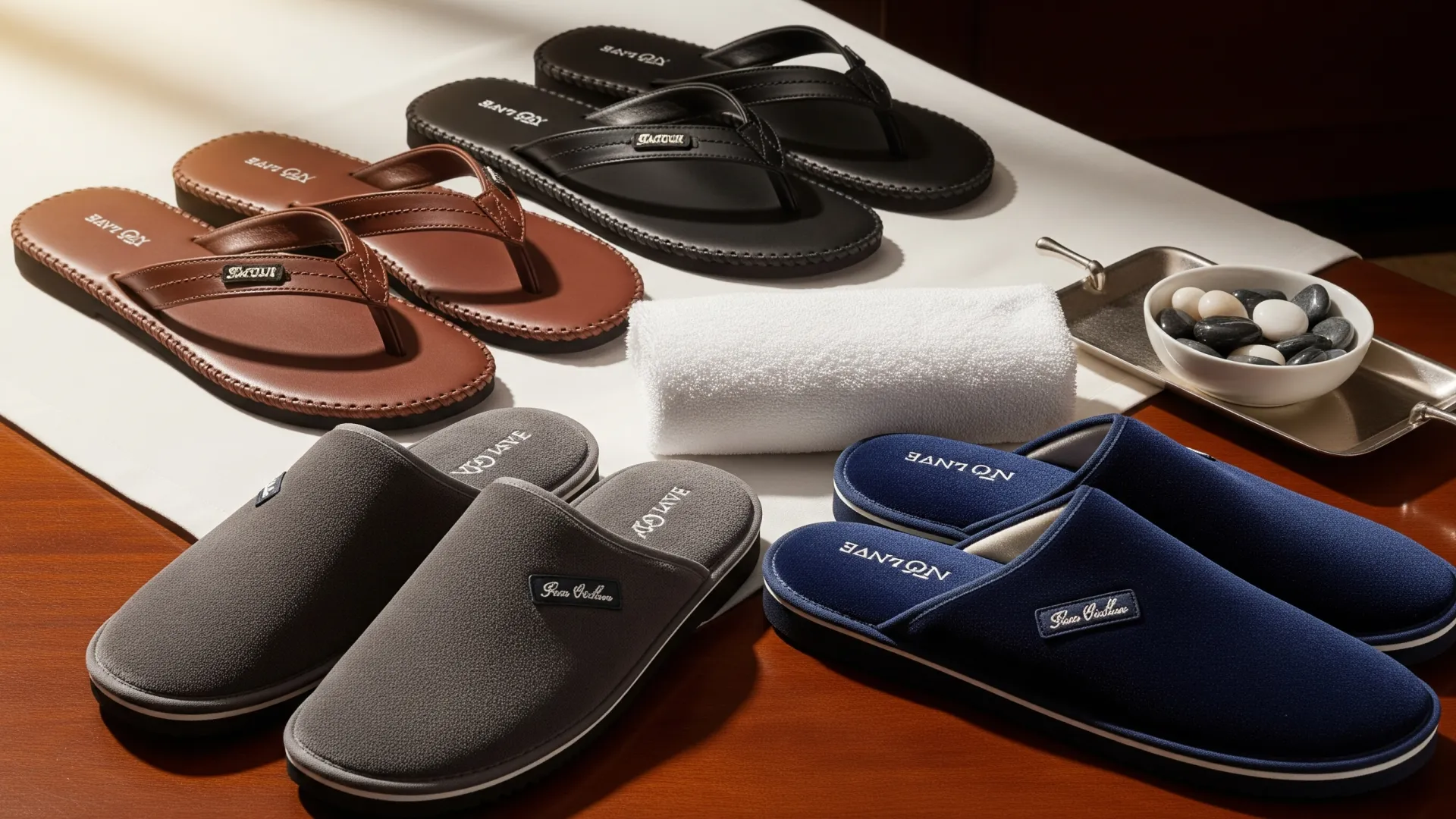 A pair of elegant, dark velvet hotel men's slippers with a gold embroidered hotel logo.