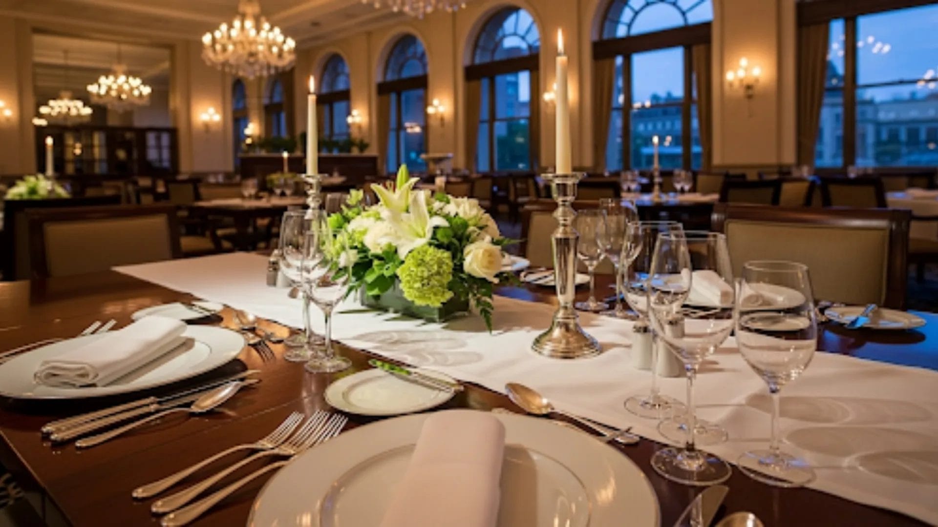 A contemporary hotel restaurant dining area with modern metal and marble dining table sets, sleek chairs, and minimalist decor.