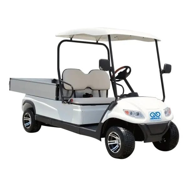 The lifted, rugged LT-A617.2+2G Electric Cargo Car navigating a dirt trail, highlighting its off-road capabilities.