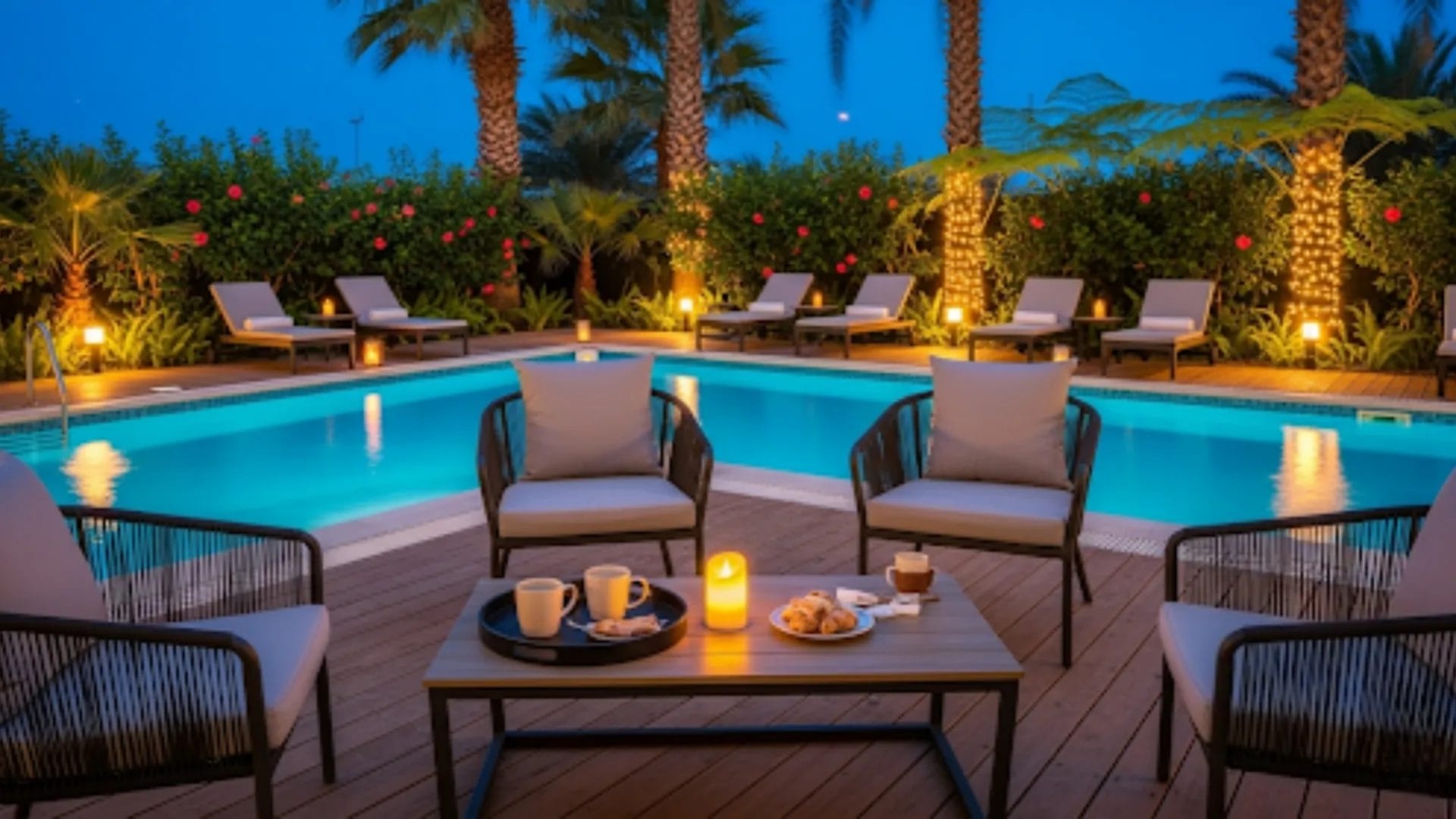 A bright hotel patio with all-weather wicker and rattan outdoor dining table sets and comfortable cushions.