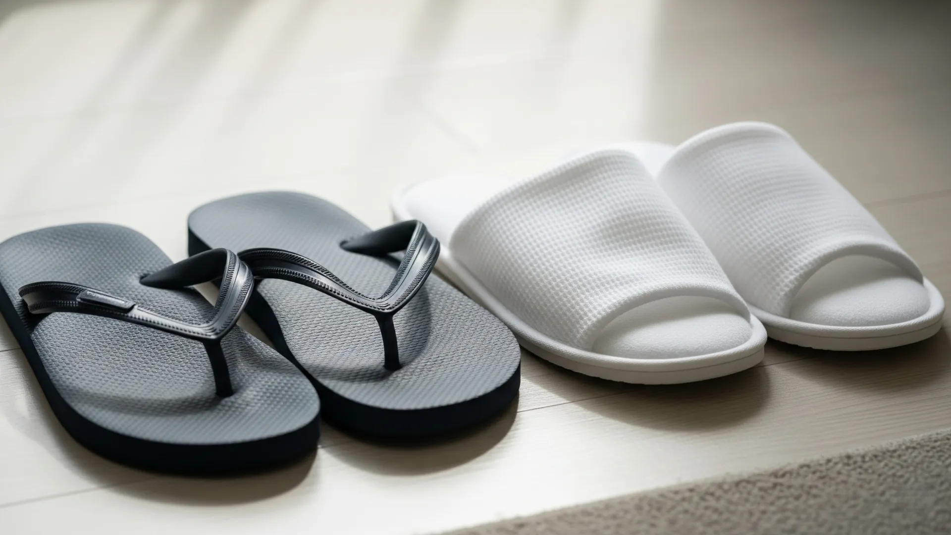 A close-up of a pair of plush, white terry cloth hotel men's flip flops with cushioned soles.