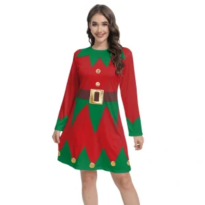 A detail shot of the classic round neck design of the Christmas Dress Festive Dress.