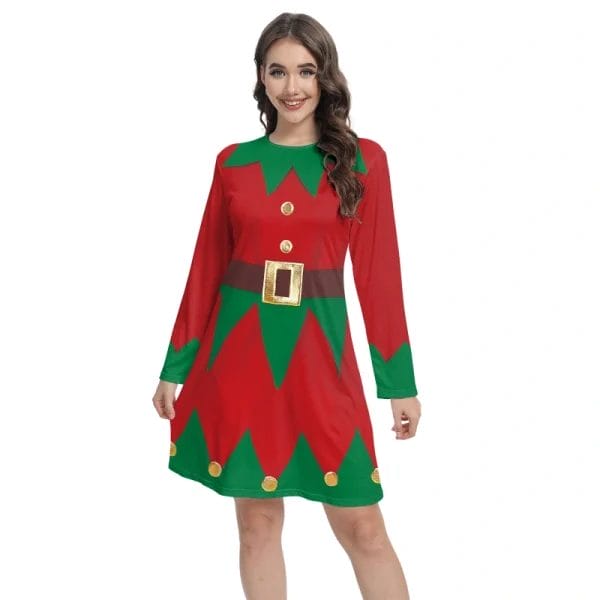A detail shot of the classic round neck design of the Christmas Dress Festive Dress.