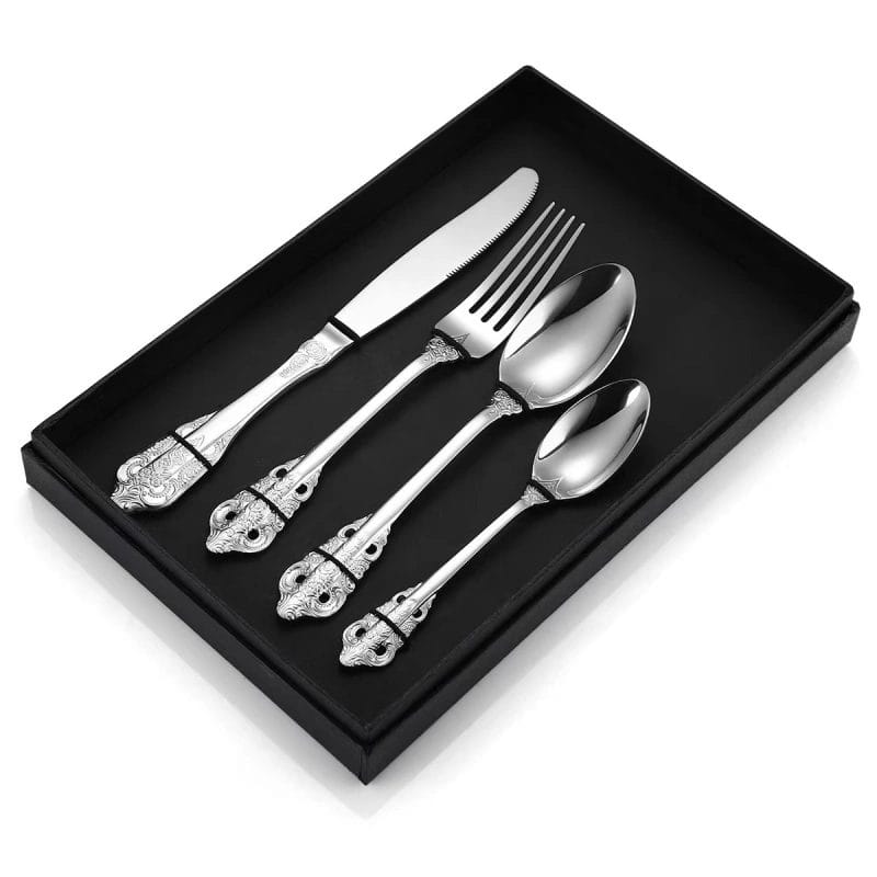 A full 24-piece Retro Royal Silverware Set Stainless Steel Cutlery with a detailed view of a single place setting.