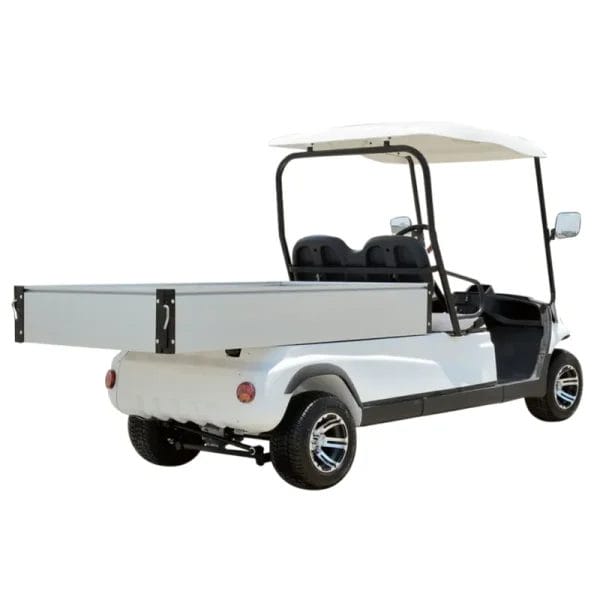 A quiet Electric Cargo Car moving through a resort, emphasizing its silent, zero-emission motor and serene operation.
