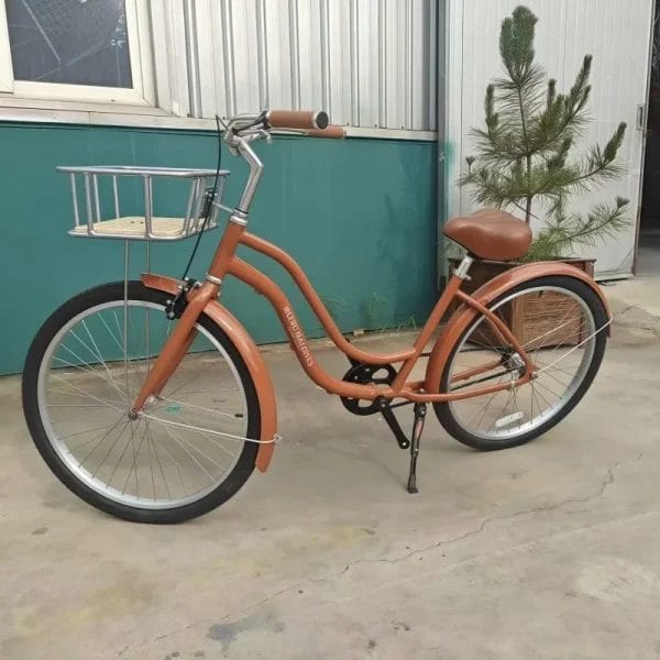 The Coast Beach Bike Island Cruiser parked on its aluminum kickstand, highlighting its simple, single-speed and reverse brake design.