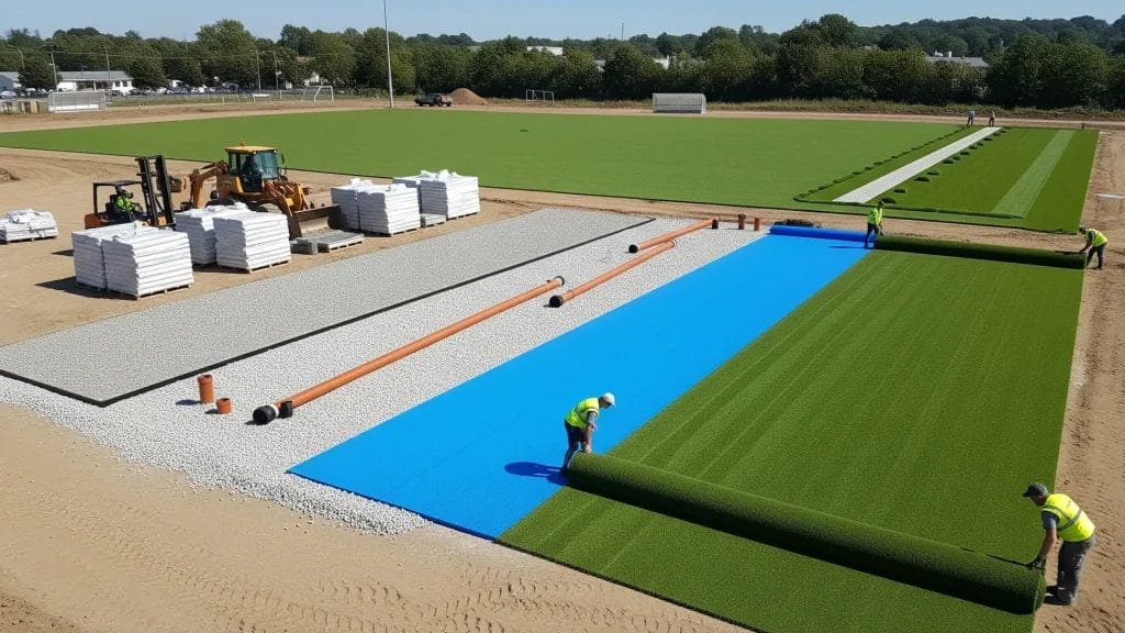 A team of workers is shown installing a new football turf system. The image captures the process of unrolling the large turf sections and joining them together, with heavy machinery in the background.
