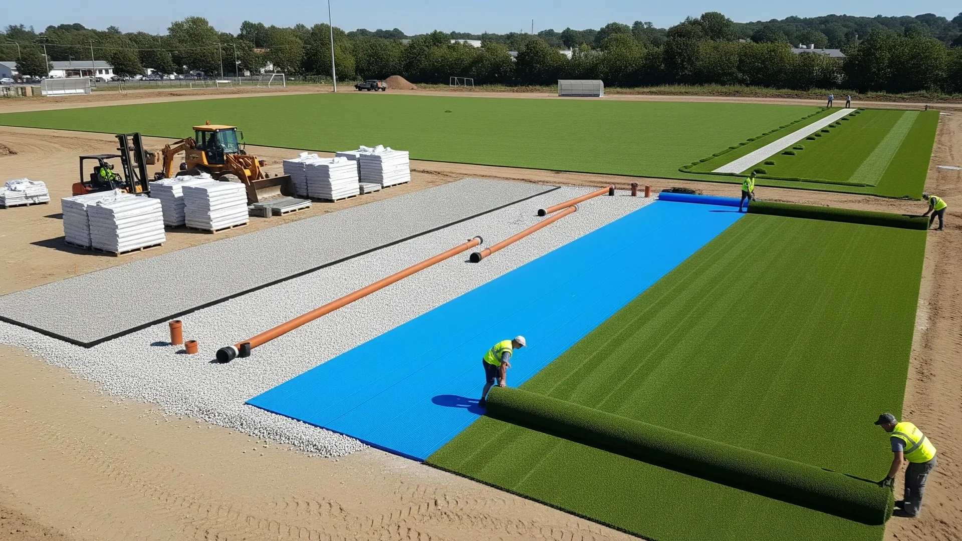 A team of workers is shown installing a new football turf system. The image captures the process of unrolling the large turf sections and joining them together, with heavy machinery in the background.