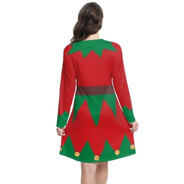 A size chart and diverse staff members wearing the Christmas Dress Festive Dress in sizes S-2XL.