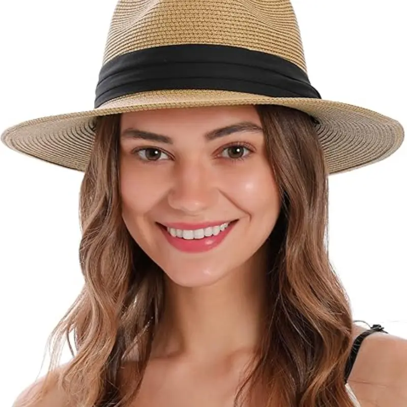 The wide brim of the Panama hat Straw Sun Hat, designed for UPF 50+ sun protection.
