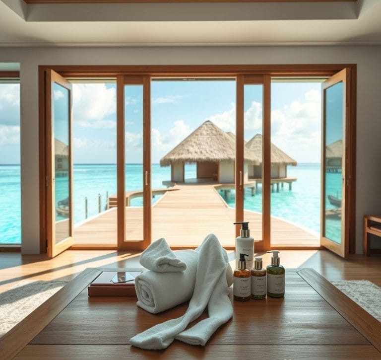 a photorealistic sun drenched luxury resort villa room in the maldives the view through large open