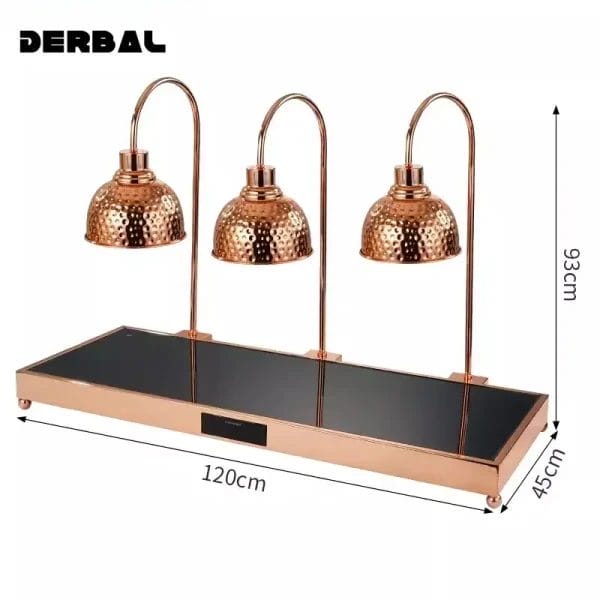 A flexible Food Heat Lamp Catering Lamp with an adjustable stand, focused on a carving station to concentrate heat on a specific dish.