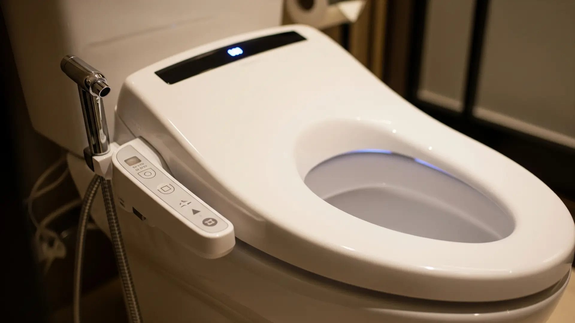 A detailed close-up shot of a hotel toilet highlights its advanced features, including a heated seat, a discreet bidet wand, and an automatic flushing sensor, emphasizing the convenience and luxury of modern hotel toilets.