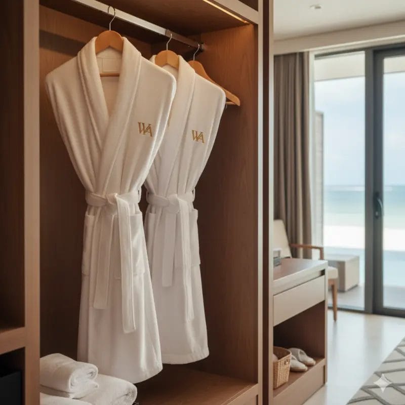 A neatly folded stack of various Guestroom Robes, including a thick terry cloth, a soft velour, and a textured waffle weave Hotel Bathrobe.