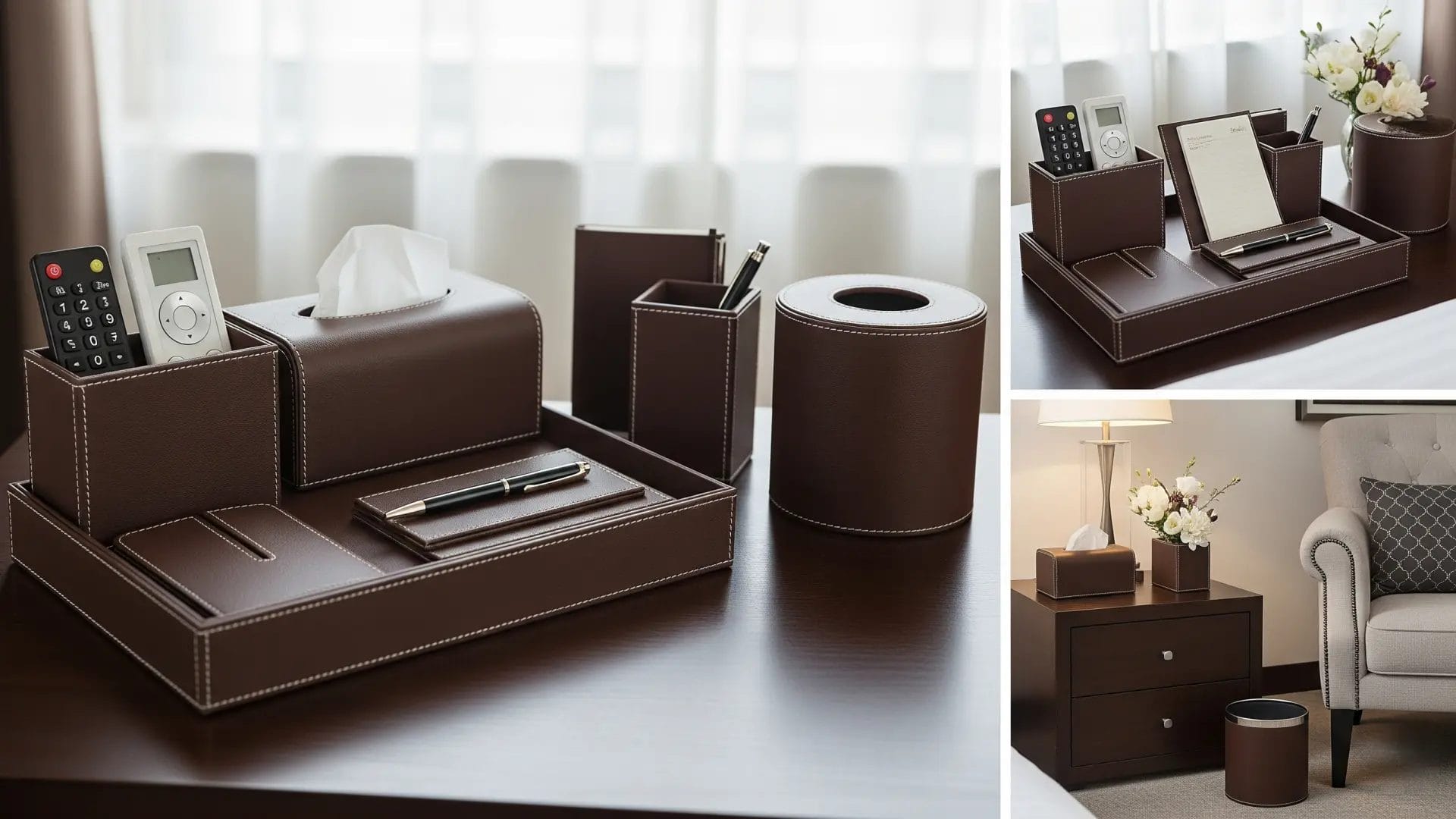 An overall display of a cohesive leather hotel room amenities set, featuring various items like a waste bin, pen holder, and coasters, designed for guest convenience and room organization.