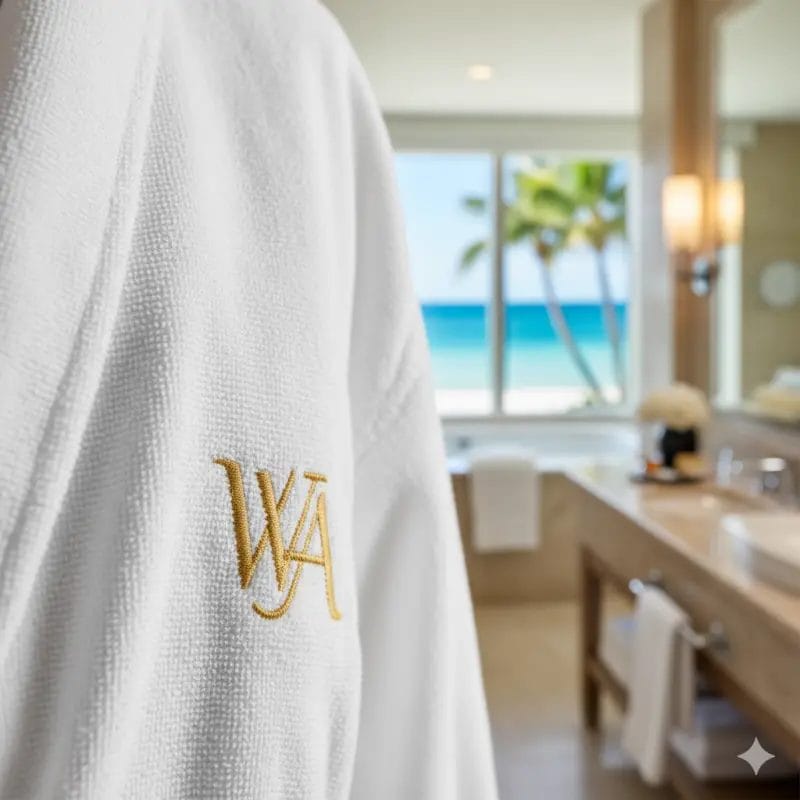 A close-up detail shot of a custom embroidered logo on the chest of a luxurious velour Hotel Bathrobe, a key feature for premium Guestroom Robes.