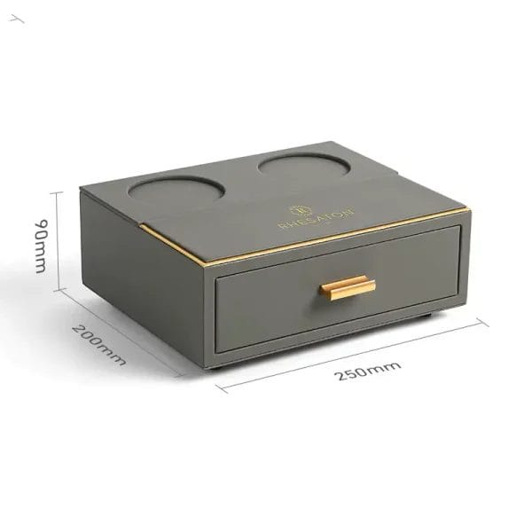 An overhead shot showcasing the various components of the PU Leather Hotel Amenities Box set, including a notepad holder and remote control holder, providing a neat display.