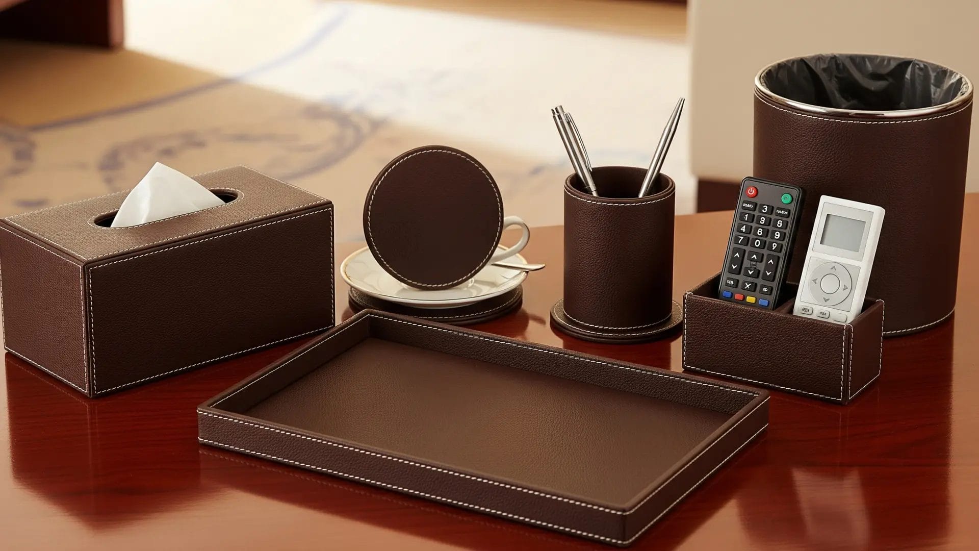 A complete and elegant leather hotel room amenities set in dark brown, including a tissue box, remote holder, and tray, displayed on a wooden desk to enhance the luxury guest experience.