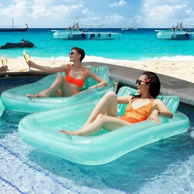 A close-up view of the supportive, ergonomic inflatable headrest on the Inflatable Pool Float Lounger, designed for maximum neck comfort during relaxation.