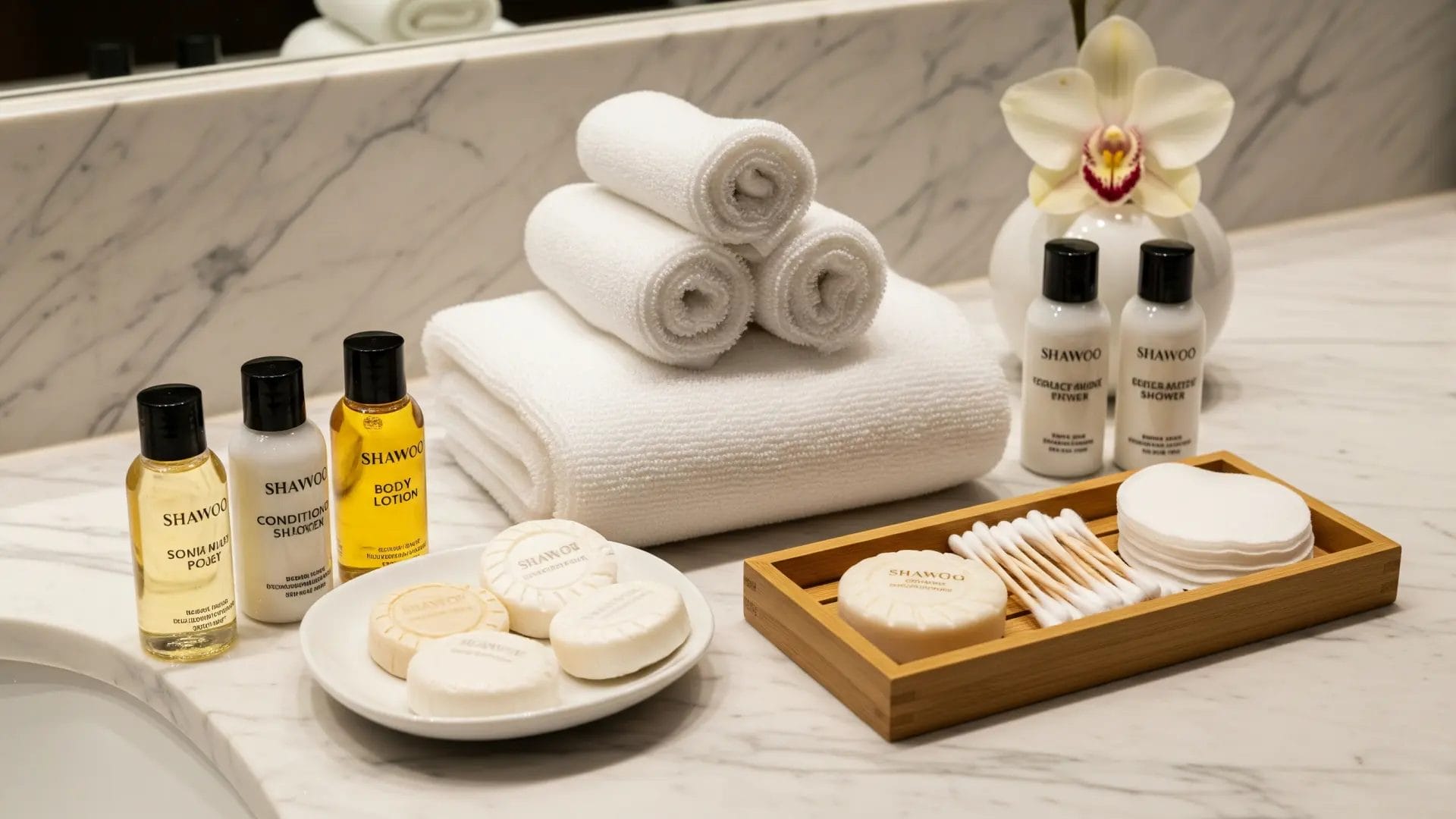 Essential hotel bathroom amenities, including soap, travel-sized toiletries, and towels, neatly organized on a wooden tray to welcome guests.