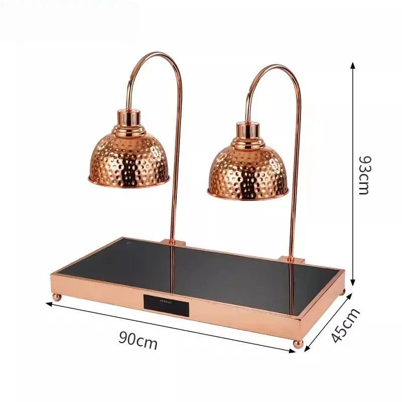 A portable, freestanding Food Heat Lamp Catering Lamp on a buffet counter, providing an appetizing glow to a dish. food heat lamp