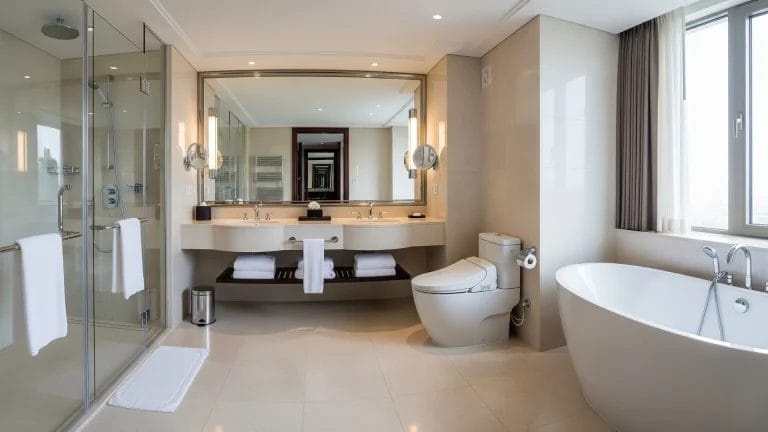 This wide-angle shot shows a complete high-end hotel suite bathroom. A contemporary hotel toilet is seamlessly integrated alongside a freestanding bathtub, a walk-in shower, and a double vanity, showcasing a complete and luxurious bathroom solution.